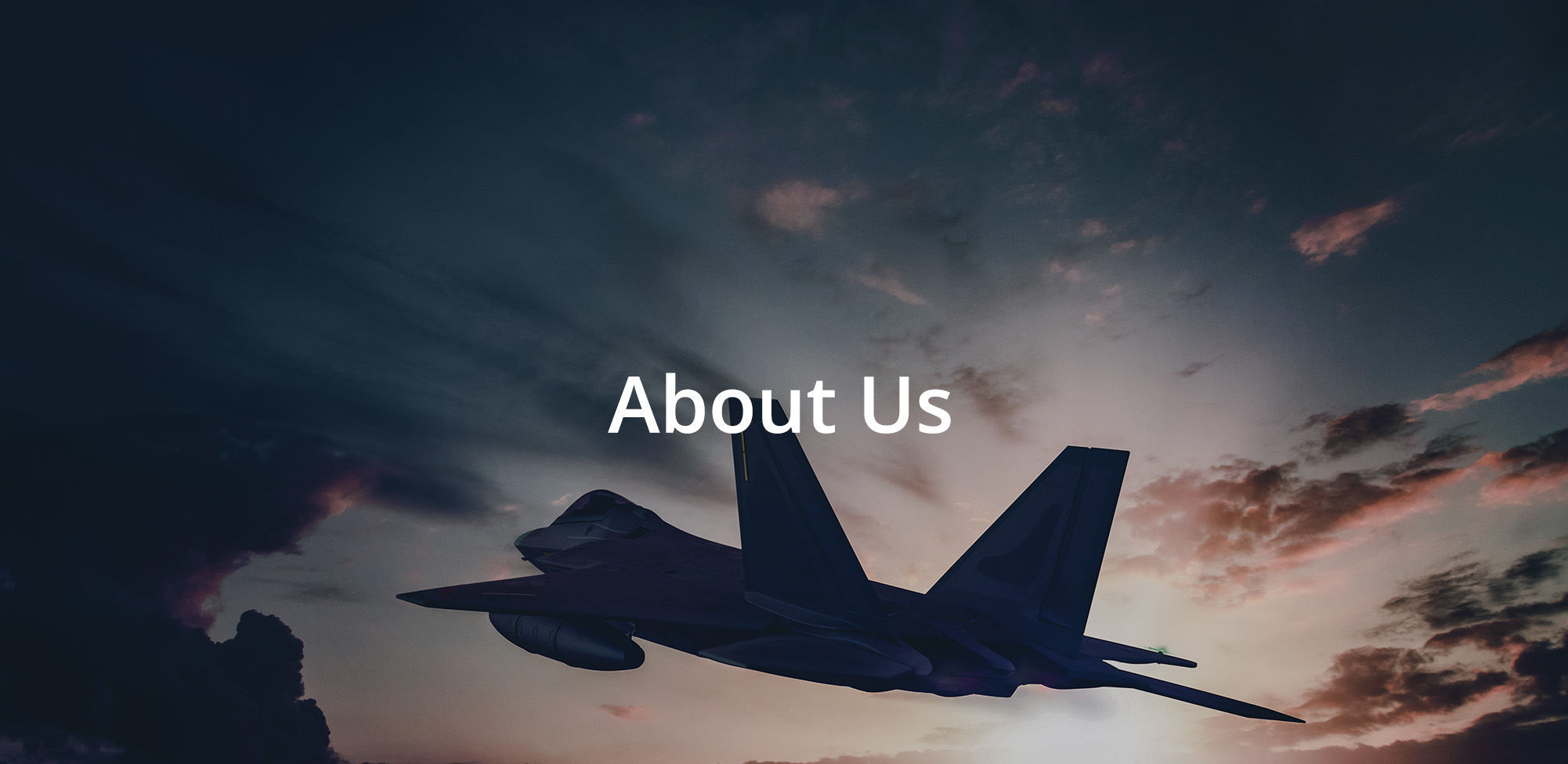 a jet flying through clouds at sunset with the text 'About Us' over top of it